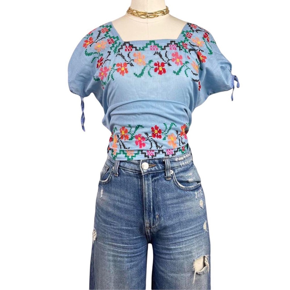 VINTAGE 70s HIPPIE PEASANT BABYDOLL BLOUSE SQUARE NECK Sz 42 M / L